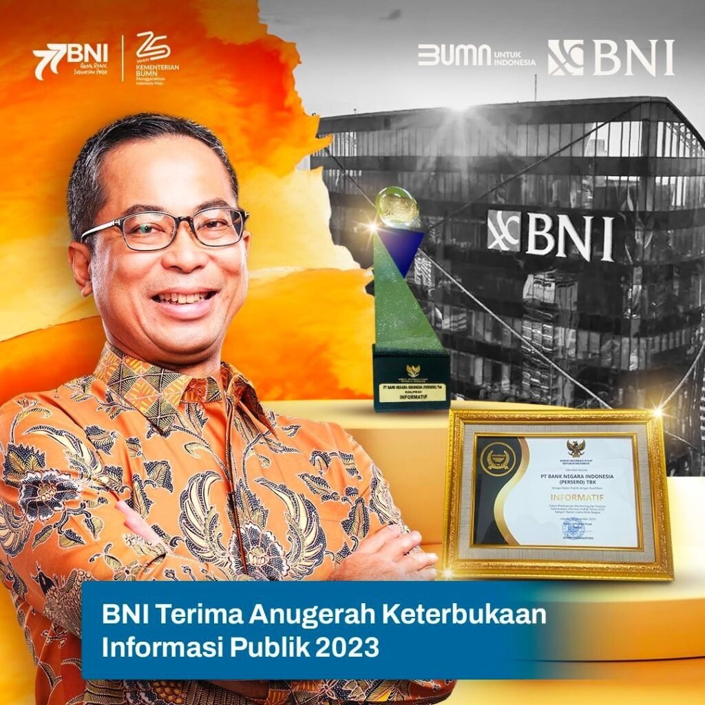 Capai Predikat Informatif, BNI Terima Anugerah Keterbukaan Informasi Publik 2023 Setelah mengikuti rangkaian pelaksanaan Monitoring dan Evaluasi (Monev), PT Bank Negara Indonesia (Persero) Tbk atau BNI, menerima Anugerah Keterbukaan Informasi Publik dari Komisi Informasi Publik (KIP) 2023.