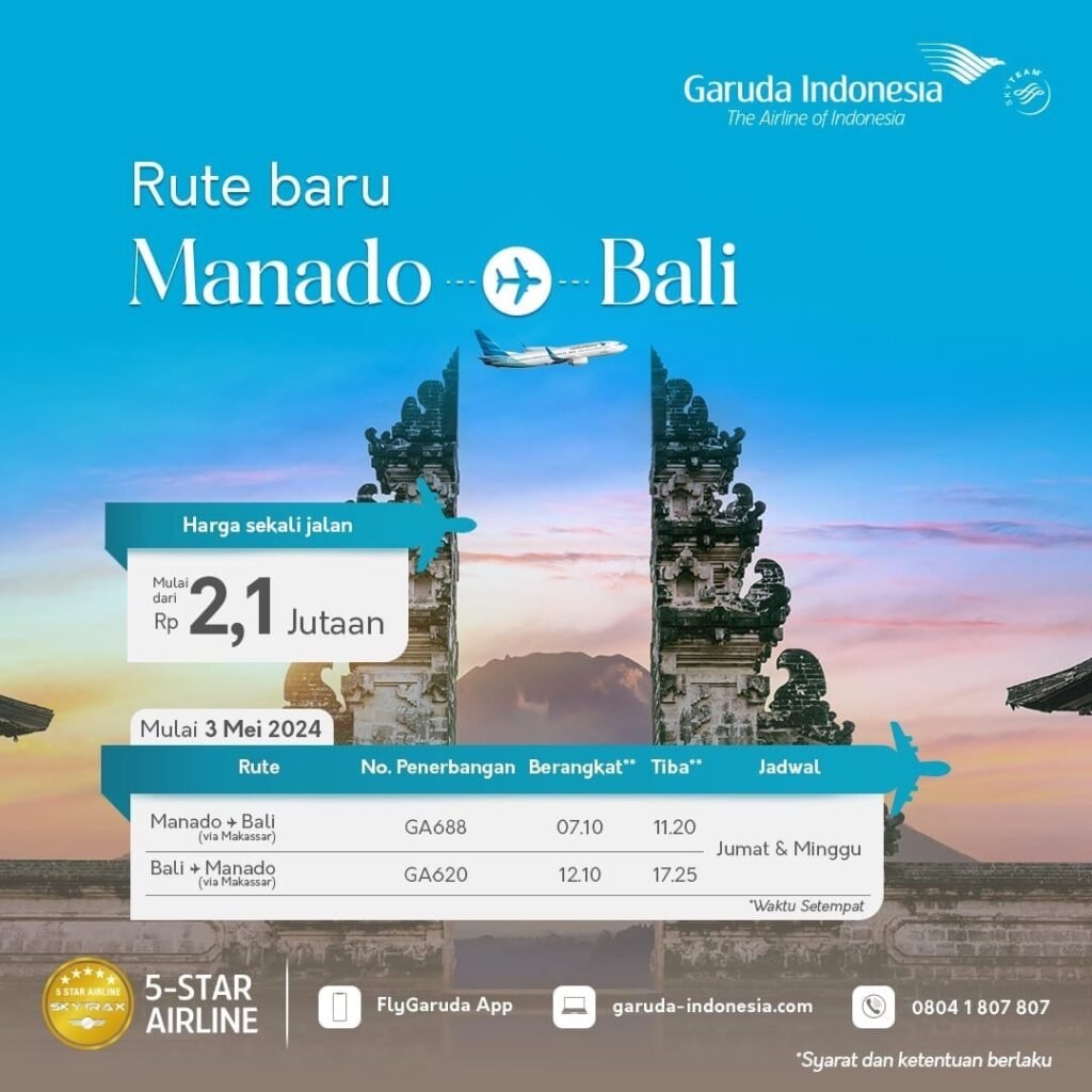 Maskapai Penerbangan. Garuda Indonesia membuka rute penerbangan Manado-Denpasar via Makassar mulai 3 Mei 2024.